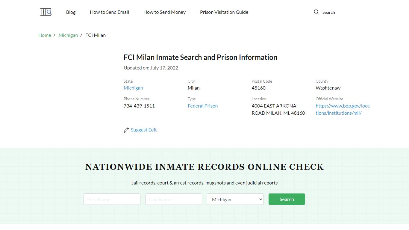 FCI Milan Inmate Search, Visitation, Phone no. & Mailing ...
