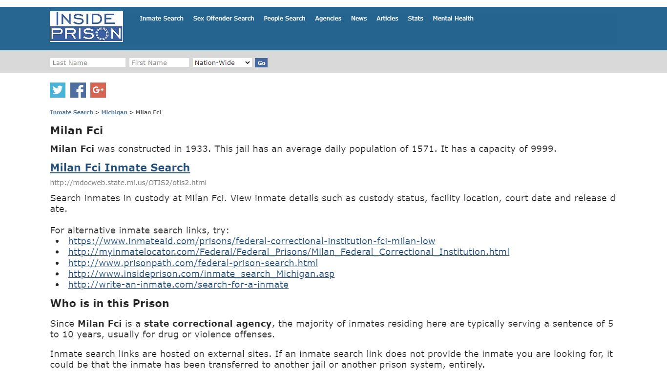 Milan Fci - Michigan - Inmate Search