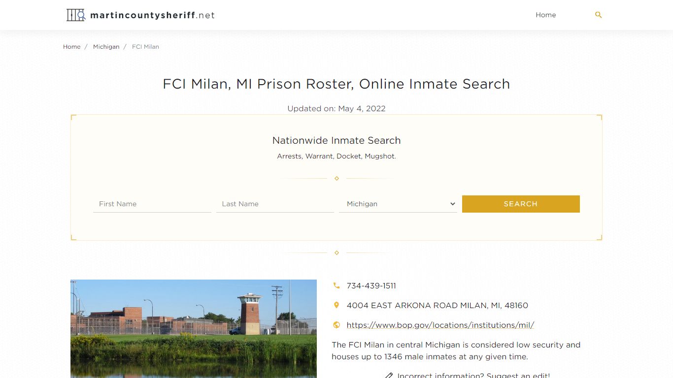 FCI Milan, MI Prison Roster, Online Inmate Search, Booking ...